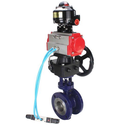 Water Butterfly Valve DNOVA WBV3EX-3432M-1W-F-ISO, body material - Carbon steel, disk material - Stainless steel AISI 316, seal - Metal, pneumatic actuator PA-DA double action, 4V320-08 220V, LSU APL-510N EX, handwheel MON