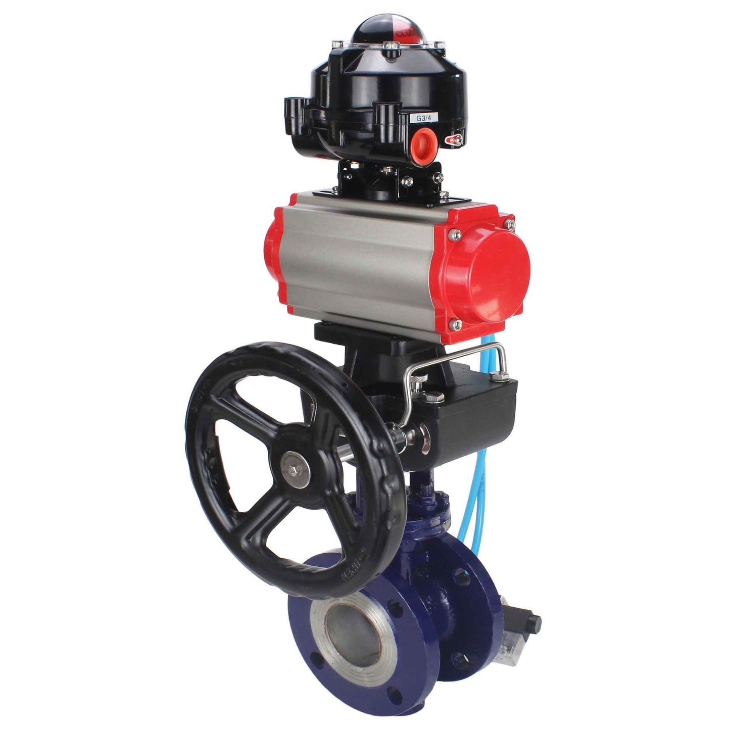 Water Butterfly Valve DNOVA WBV3EX-3432M-1W-F-ISO, body material - Carbon steel, disk material - Stainless steel AISI 316, seal - Metal, pneumatic actuator PA-DA double action, 4V320-08 220V, LSU APL-510N EX, handwheel MON