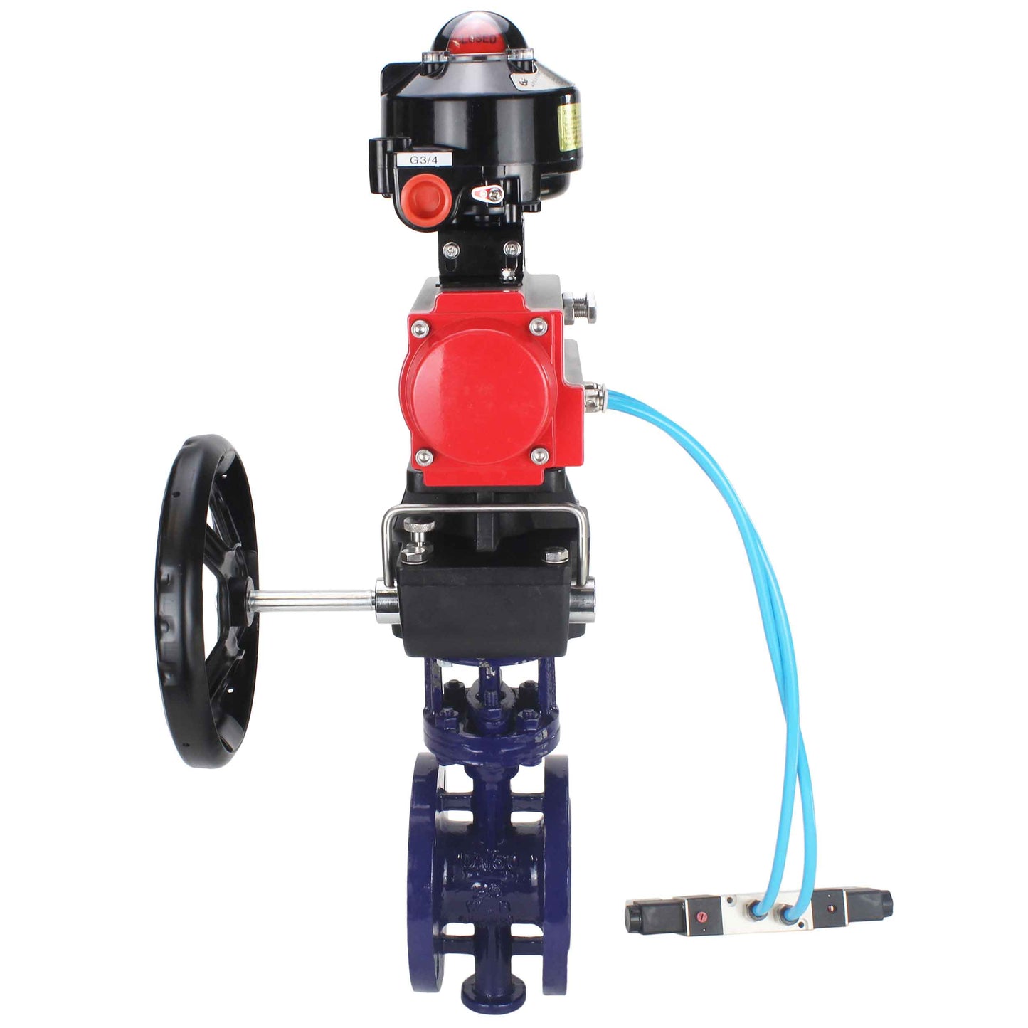 Water Butterfly Valve DNOVA WBV3EX-3432M-1W-F-ISO, body material - Carbon steel, disk material - Stainless steel AISI 316, seal - Metal, pneumatic actuator PA-DA double action, 4V320-08 220V, LSU APL-510N EX, handwheel MON