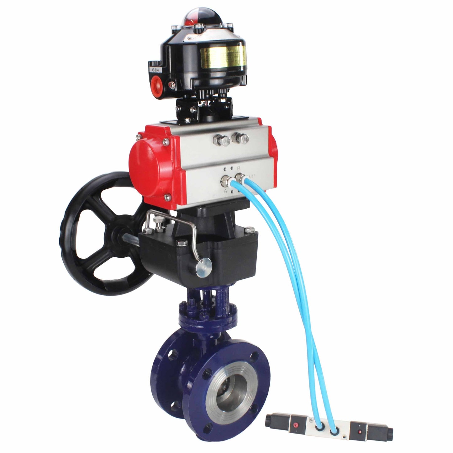 Water Butterfly Valve DNOVA WBV3EX-3432M-1W-F-ISO, body material - Carbon steel, disk material - Stainless steel AISI 316, seal - Metal, pneumatic actuator PA-DA double action, 4V320-08 220V, LSU APL-510N EX, handwheel MON