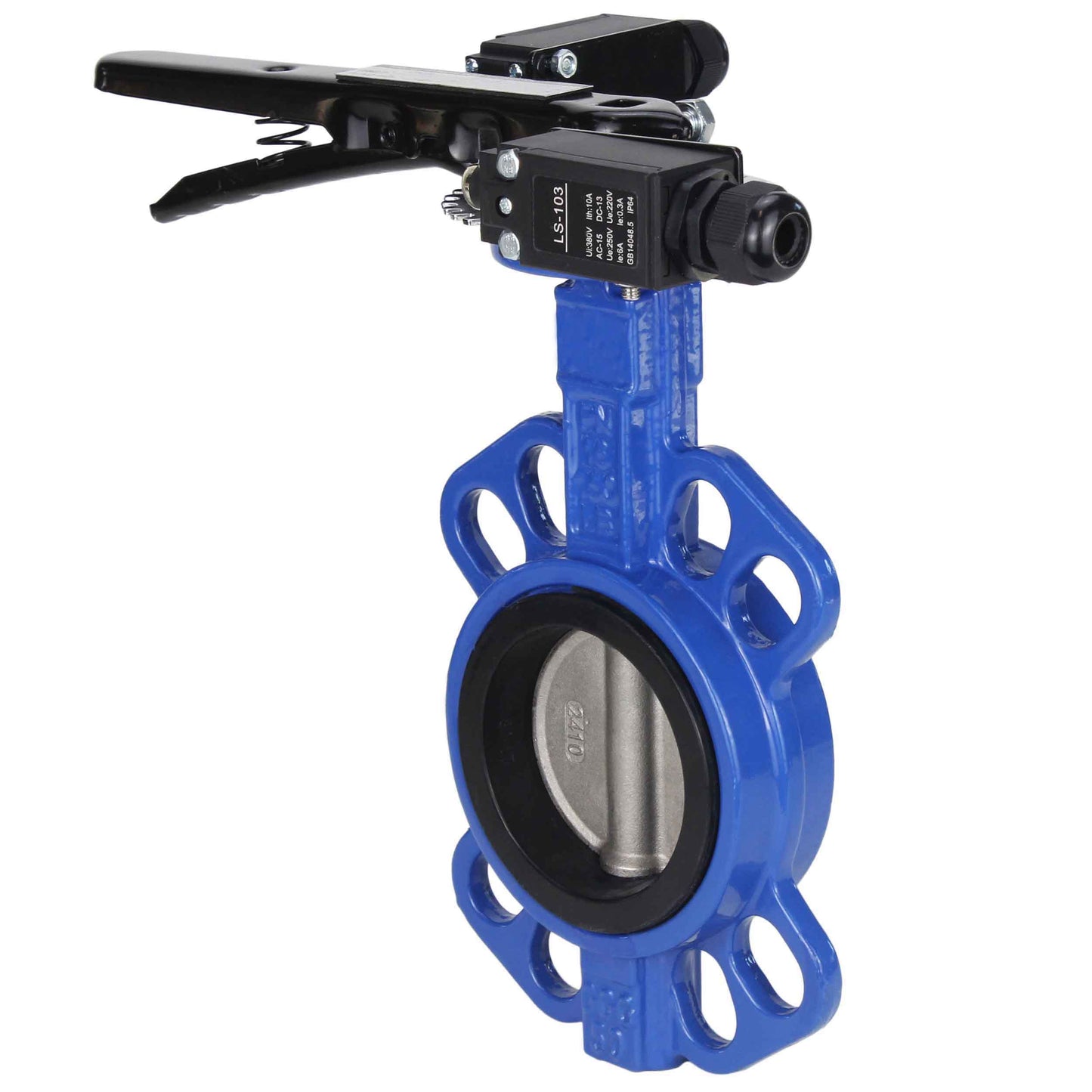 Water butterfly valve DNOVA GGG50-316L-EPDM body material - cast iron GGG50, disk material - stainless steel AISI 316L, seal - EPDM with handle, with two LS-103 250V limit switches and a bracket for mounting the limit switches