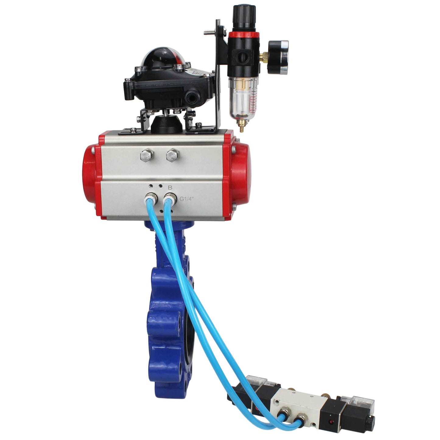 Water Butterfly Valve DNOVA WBV1616E-2W-Fb-H, body material - cast iron QT450, disk material - cast iron QT450, seal - EPDM, pneumatic actuator PA-DA double action, 4V320-10 220V, LSU APL-210N, ATU AFC2000