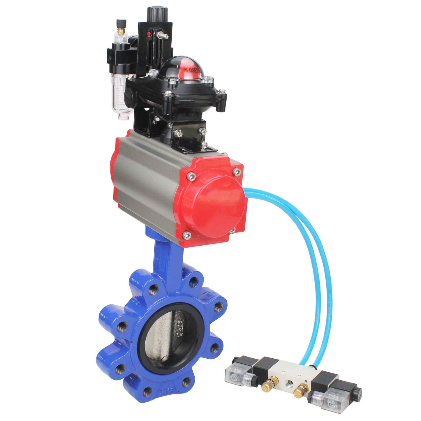 Water Butterfly Valve DNOVA WBV1616E-2W-Fb-H, body material - cast iron QT450, disk material - cast iron QT450, seal - EPDM, pneumatic actuator PA-DA double action, 4V320-10 220V, LSU APL-210N, ATU AFC2000