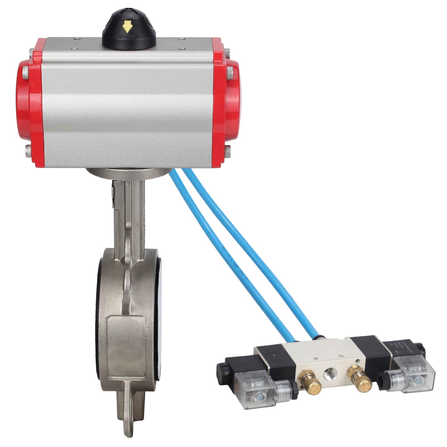 Válvula de mariposa de agua DNOVA WBV3131P-2W-Fb-H, material del cuerpo - Acero inoxidable AISI 304, material del disco - Acero inoxidable AISI 304, sello - PTFE, actuador neumático PA-DA doble acción, 4V320-08 220V