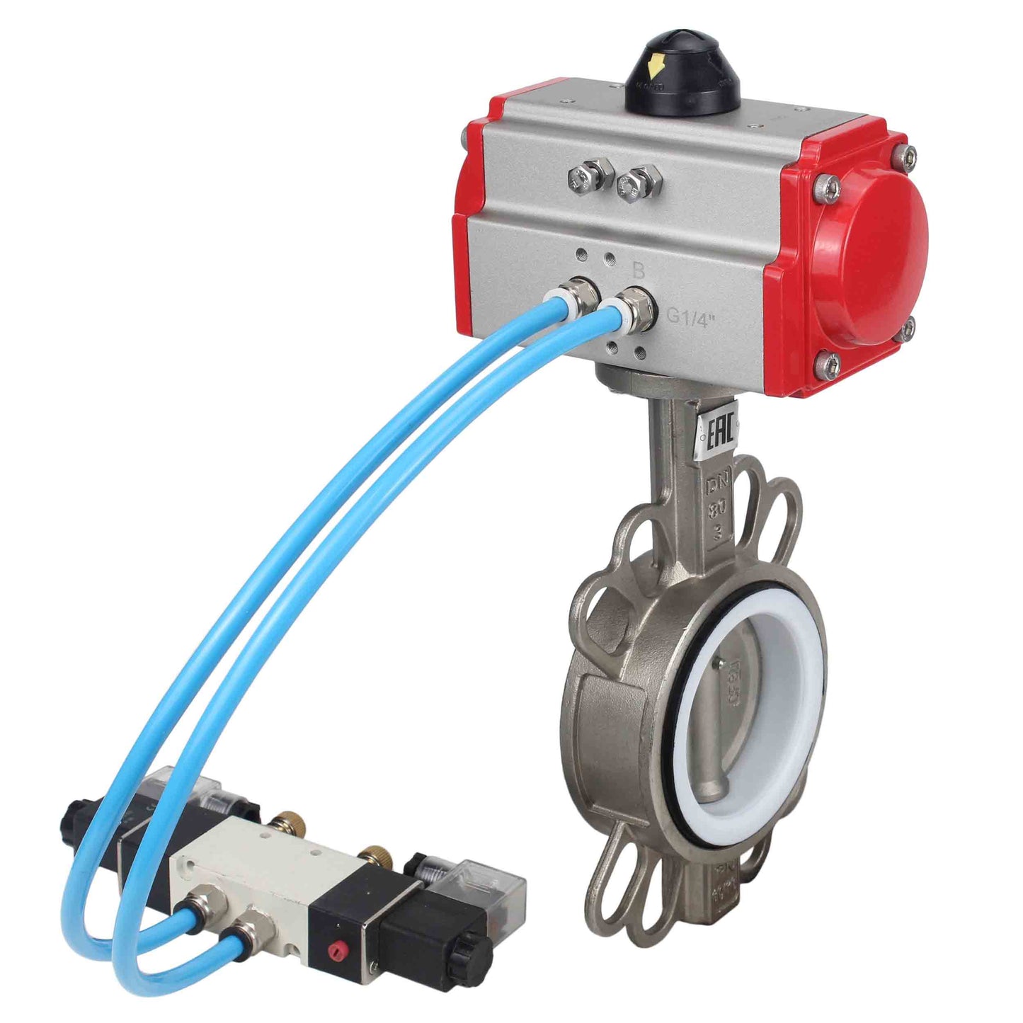 Válvula de mariposa de agua DNOVA WBV3131P-2W-Fb-H, material del cuerpo - Acero inoxidable AISI 304, material del disco - Acero inoxidable AISI 304, sello - PTFE, actuador neumático PA-DA doble acción, 4V320-08 220V