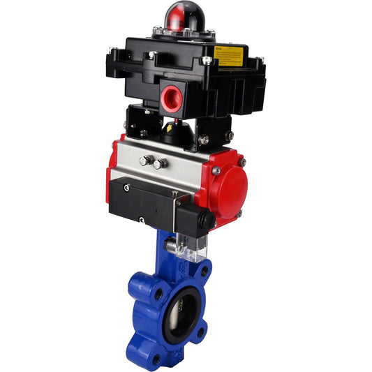 Water Butterfly Valve DNOVA WBV1616E-2W-Fb-H, body material - cast iron QT450, disk material - cast iron QT450, seal - EPDM, pneumatic actuator PA-SA with return springs, 4M310-08 NAMUR 24V, LSU APL-410N EX