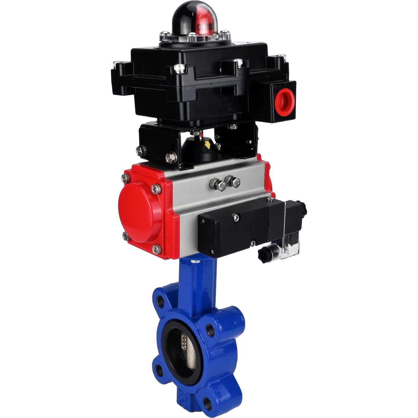 Válvula de mariposa de agua DNOVA WBV1616N-2W-Fb-H, material del cuerpo: hierro fundido QT450, material del disco: hierro fundido QT450, sello: NBR, actuador neumático PA-DA doble acción, 4M310-08 220 V, LSU APL-410N EX