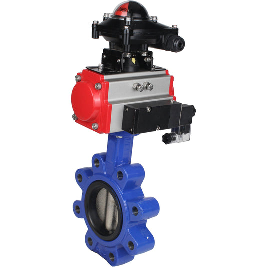 Water Butterfly Valve DNOVA WBV1616E-2W-Fb-H, body material - cast iron QT450, disk material - cast iron QT450, seal - EPDM, pneumatic actuator PA-SA with return springs, 4M310-08 NAMUR 220V, LSU APL-210N