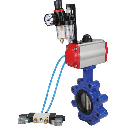 Water Butterfly Valve DNOVA WBV1616E-2W-Fb-H, body material - cast iron QT450, disk material - cast iron QT450, seal - EPDM, pneumatic actuator PA-SA with return springs, 4V320-08 220V ATU AFC2000