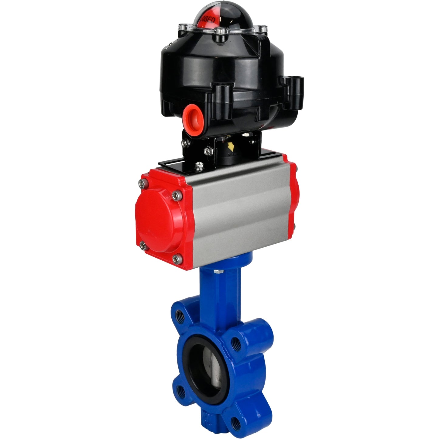Válvula de mariposa de agua DNOVA WBV1616N-2W-Fb-H, material del cuerpo: hierro fundido QT450, material del disco: hierro fundido QT450, sello: NBR, actuador neumático PA-SA con resortes de retorno, LSU APL-510N EX