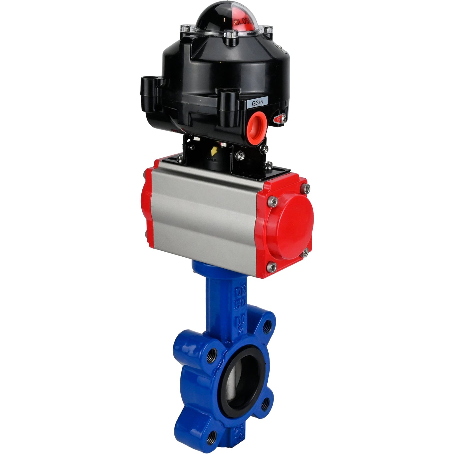 Válvula de mariposa de agua DNOVA WBV1616N-2W-Fb-H, material del cuerpo: hierro fundido QT450, material del disco: hierro fundido QT450, sello: NBR, actuador neumático PA-SA con resortes de retorno, LSU APL-510N EX