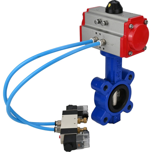 Water Butterfly Valve DNOVA WBV1616E-2W-Fb-H, body material - cast iron QT450, disk material - cast iron QT450, seal - EPDM, pneumatic actuator PA-SA with return springs, 4V320-08 220V
