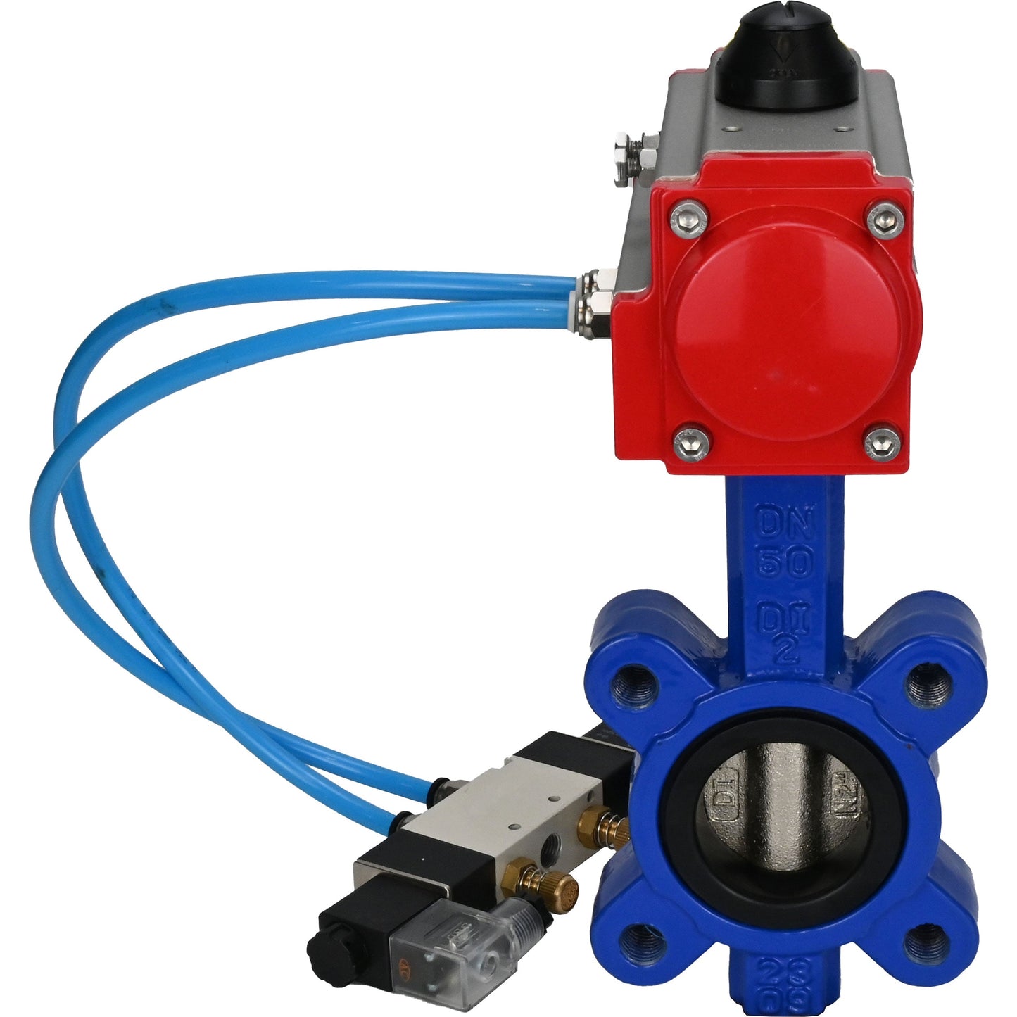 Water Butterfly Valve DNOVA WBV1616E-2W-Fb-H, body material - cast iron QT450, disk material - cast iron QT450, seal - EPDM, pneumatic actuator PA-SA with return springs, 4V320-10 220V