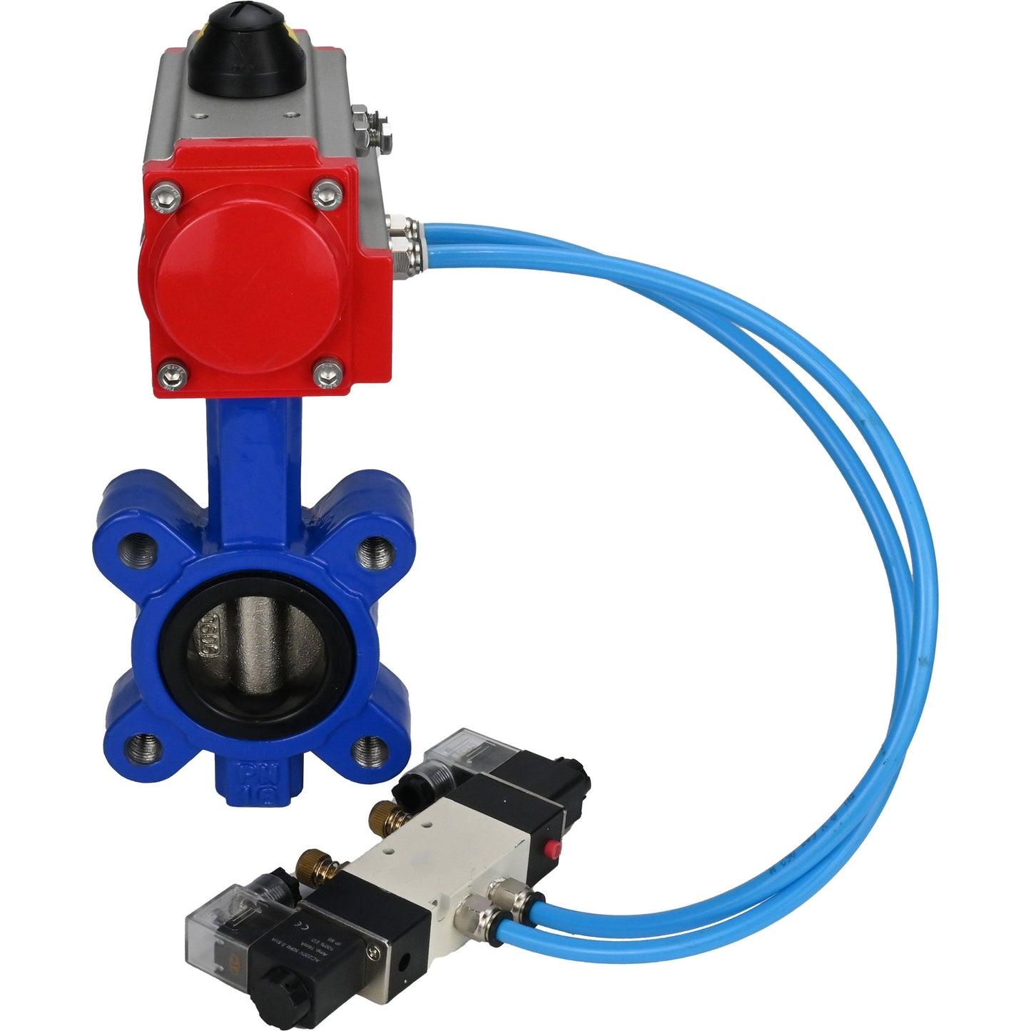 Water Butterfly Valve DNOVA WBV1616E-2W-Fb-H, body material - cast iron QT450, disk material - cast iron QT450, seal - EPDM, pneumatic actuator PA-SA with return springs, 4V320-10 220V