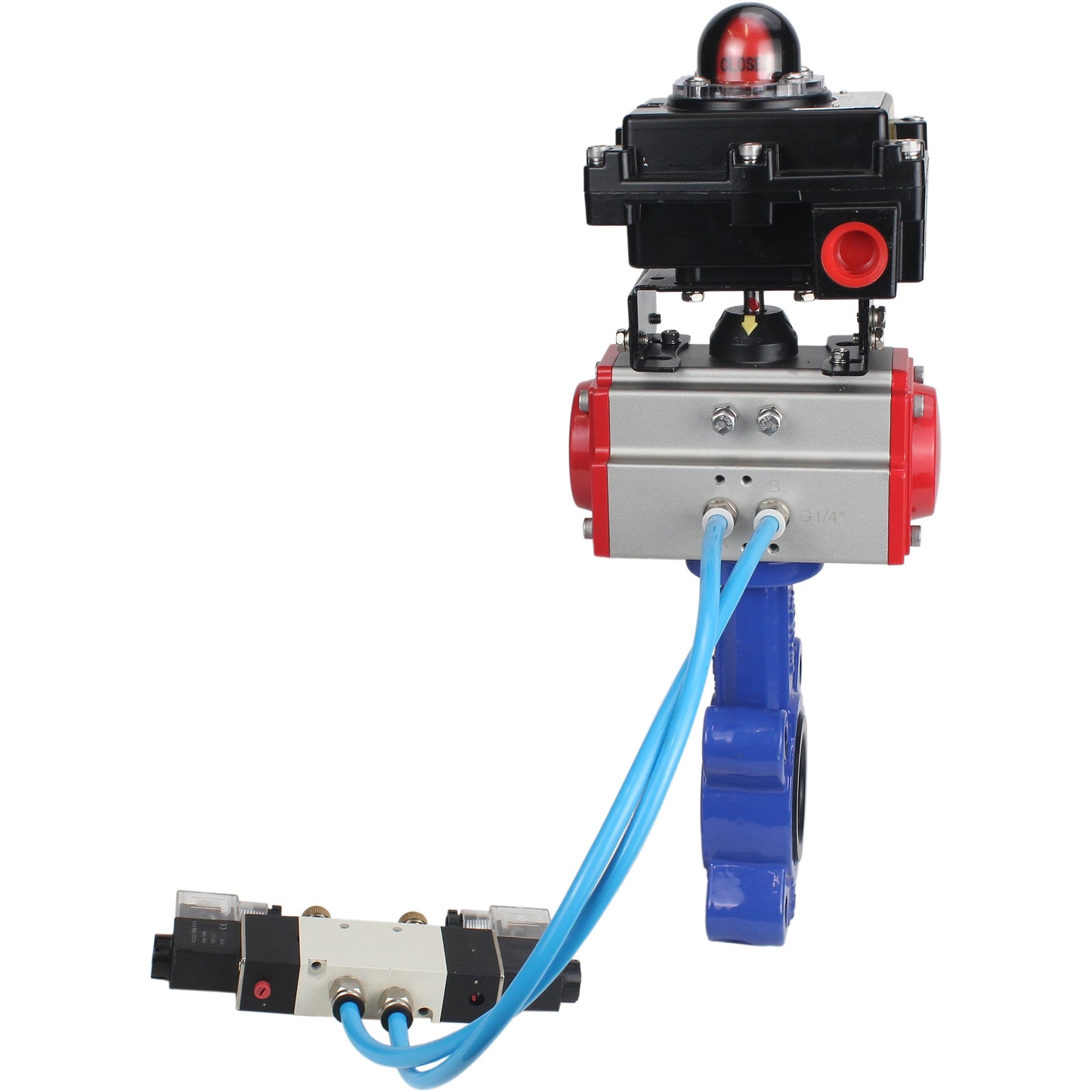 Válvula de mariposa de agua DNOVA WBV1616E-2W-Fb-H, material del cuerpo: hierro fundido QT450, material del disco: hierro fundido QT450, sello: EPDM, actuador neumático PA-DA de doble acción, 4V320-10 220 V, LSU APL-410N EX