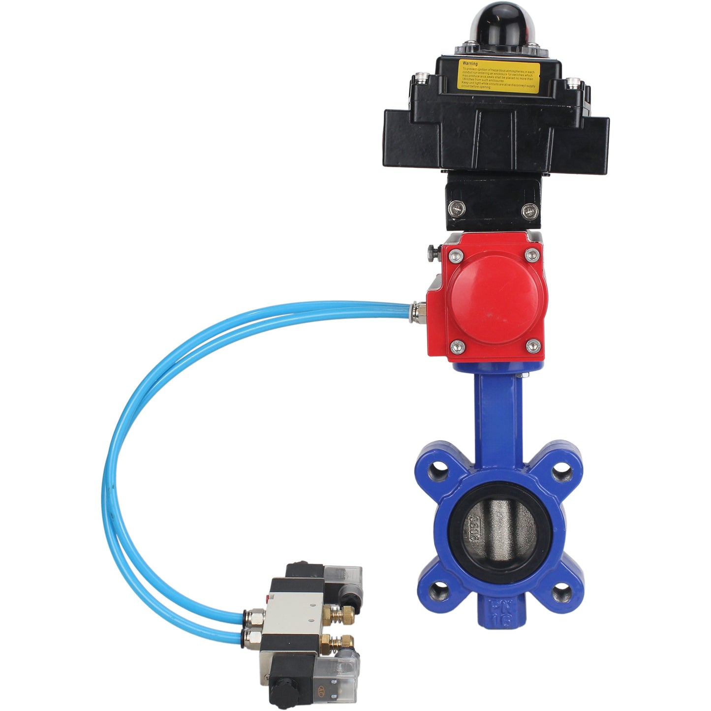 Válvula de mariposa de agua DNOVA WBV1616E-2W-Fb-H, material del cuerpo: fundición gris QT450, material del disco: fundición gris QT450, sello: EPDM, actuador neumático PA-SA con resortes de retorno, 4V320-08 220 V, LSU APL-410N EX