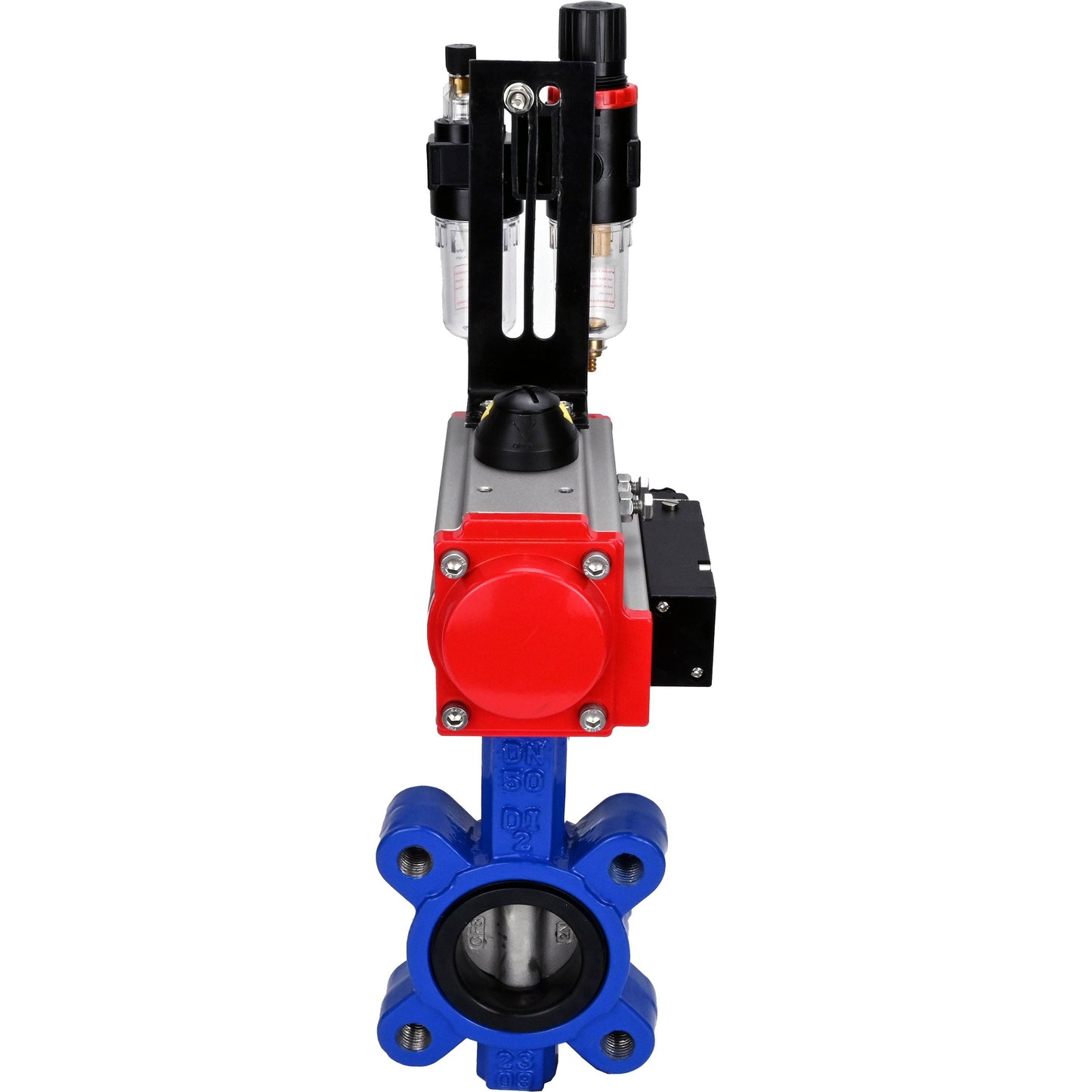 Válvula de mariposa de agua DNOVA WBV1631E-2W-Fb-H, material del cuerpo: fundición gris QT450, material del disco: acero inoxidable AISI 304, junta: EPDM, con actuador neumático de doble acción PA-DA, 4M310-08 24V, ATU AFC2000