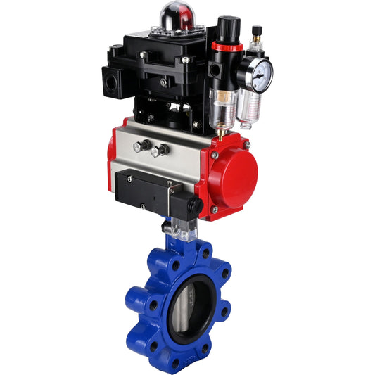 صمام فراشة الماء DNOVA WBV1631E-2W-Fb-H، مادة الهيكل: حديد زهر QT450، مادة القرص: فولاذ مقاوم للصدأ AISI 304، مانع تسرب: EPDM، مشغل هوائي PA-SA مع نوابض رجوع، 4M310-08 220 فولت، LSU APL-410N EX، ATU AFC2000