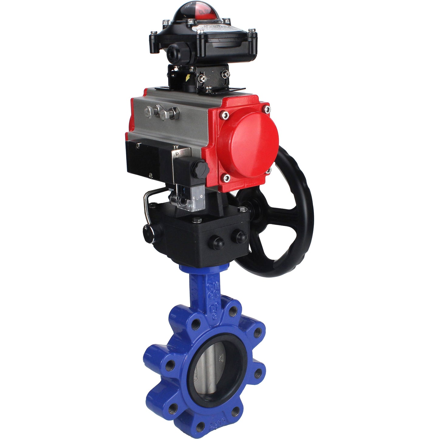 Válvula de mariposa de agua DNOVA WBV1631E-2W-Fb-H, material del cuerpo - fundición gris QT450, material del disco - acero inoxidable AISI 304, junta - EPDM, actuador neumático PA-DA doble acción, 4M310-08 220V, LSU APL-210N, volante MON