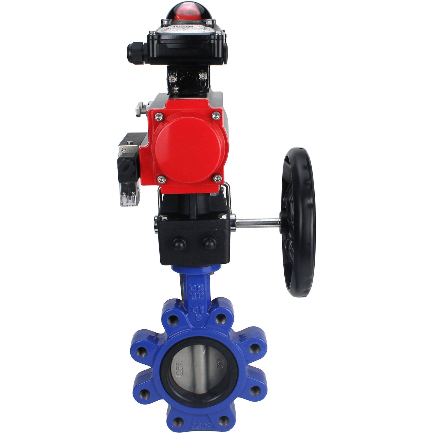 Válvula de mariposa de agua DNOVA WBV1631E-2W-Fb-H, material del cuerpo - fundición gris QT450, material del disco - acero inoxidable AISI 304, junta - EPDM, actuador neumático PA-DA doble acción, 4M310-08 220V, LSU APL-210N, volante MON