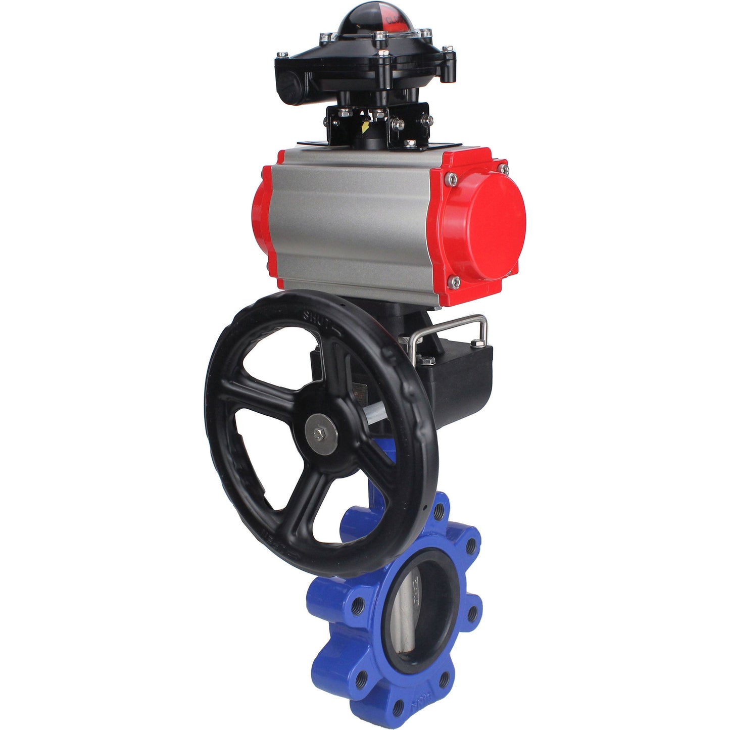 Válvula de mariposa de agua DNOVA WBV1631E-2W-Fb-H, material del cuerpo - fundición gris QT450, material del disco - acero inoxidable AISI 304, junta - EPDM, actuador neumático PA-DA doble acción, 4M310-08 24V, LSU APL-210N, volante MON