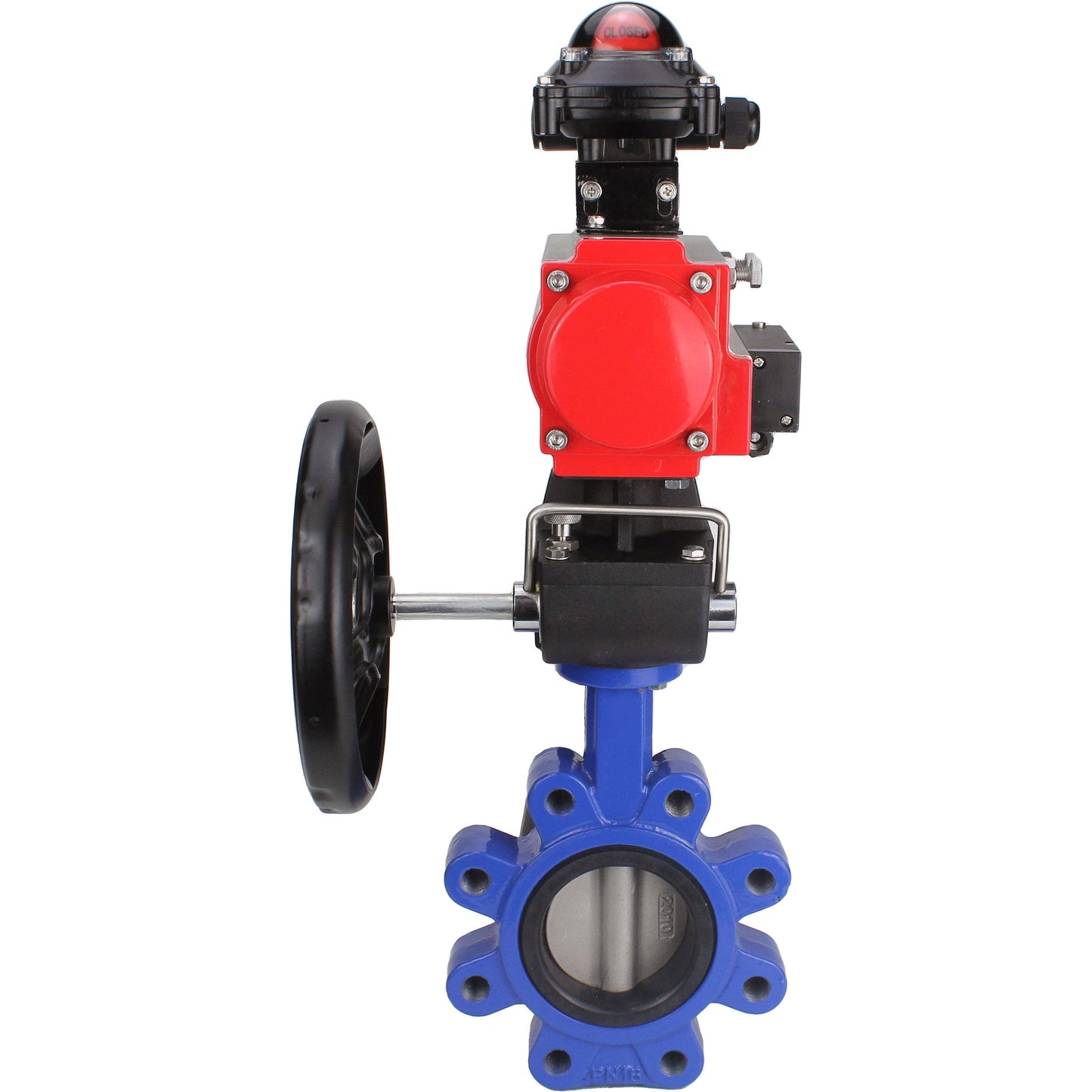 Válvula de mariposa de agua DNOVA WBV1631E-2W-Fb-H, material del cuerpo - fundición gris QT450, material del disco - acero inoxidable AISI 304, junta - EPDM, actuador neumático PA-DA doble acción, 4M310-08 24V, LSU APL-210N, volante MON