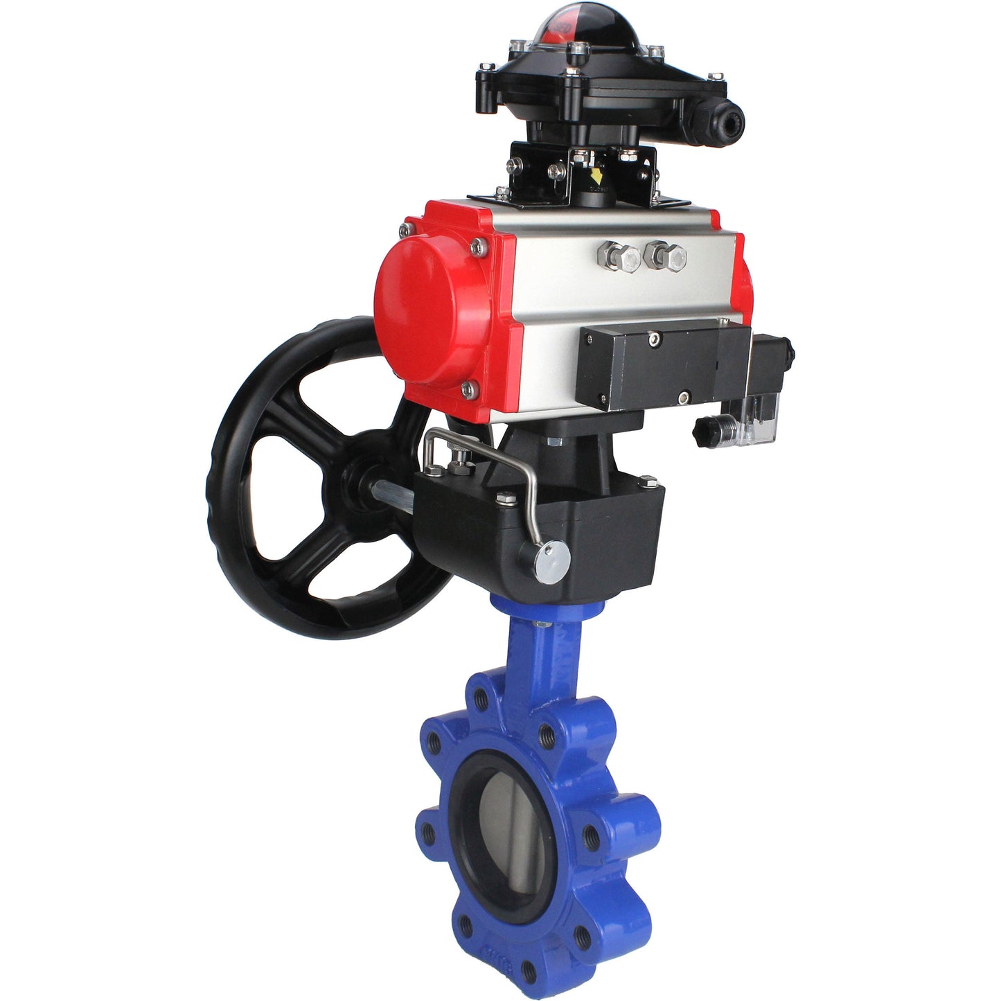 Válvula de mariposa de agua DNOVA WBV1631E-2W-Fb-H, material del cuerpo - fundición gris QT450, material del disco - acero inoxidable AISI 304, junta - EPDM, actuador neumático PA-DA doble acción, 4M310-08 220V, LSU APL-210N, volante MON