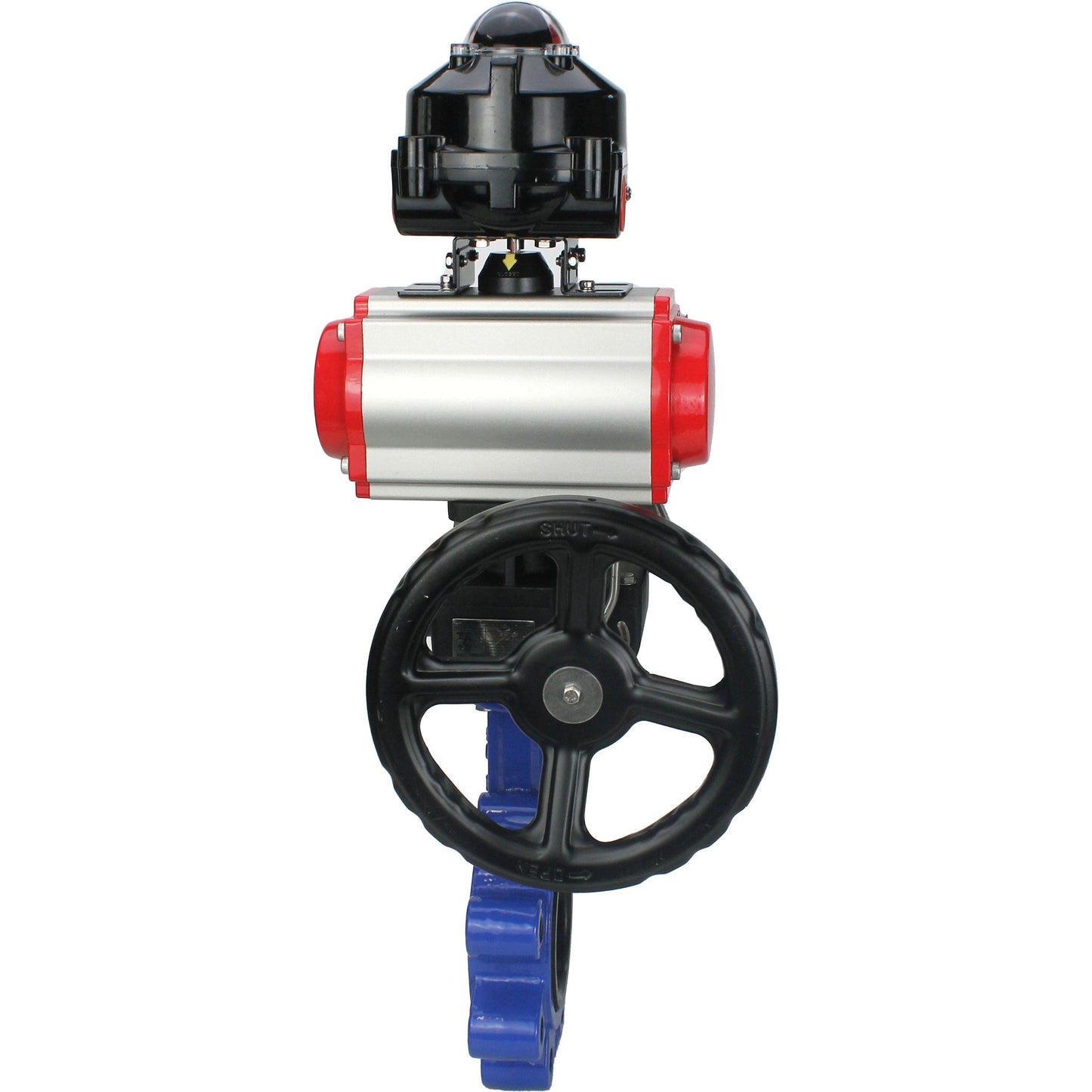 Válvula de mariposa de agua DNOVA WBV1631N-2W-Fb-H, material del cuerpo - fundición gris QT450, material del disco - acero inoxidable AISI 304, sello - NBR, actuador neumático PA-DA doble acción, 4M310-08 220V, LSU APL-510N EX, volante MON