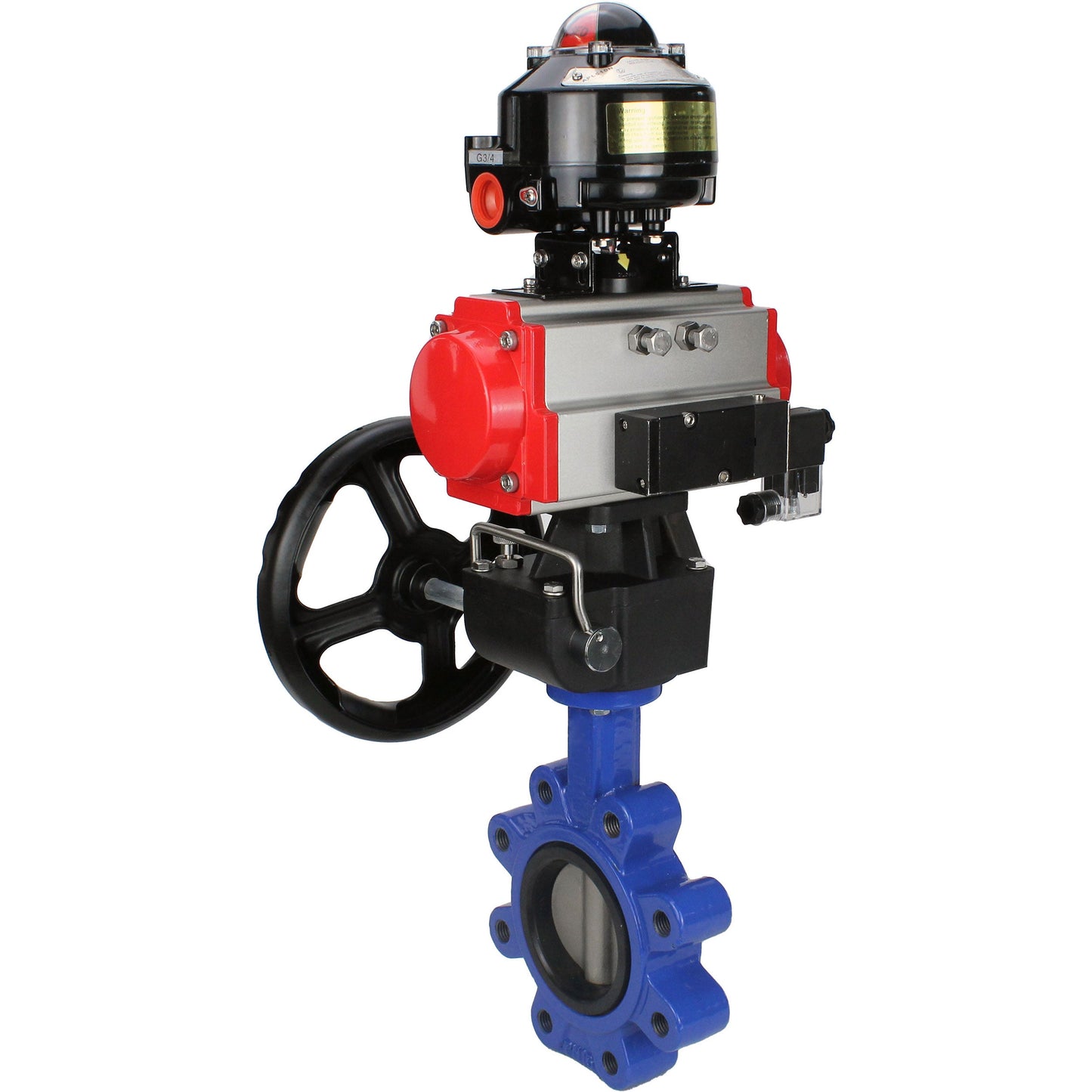 صمام فراشة الماء DNOVA WBV1631E-2W-Fb-H، مادة الهيكل - حديد زهر QT450، مادة القرص - فولاذ مقاوم للصدأ AISI 304، مانع التسرب - EPDM، مشغل هوائي PA-DA مزدوج الحركة، 4M310-08 220 فولت، LSU APL-510N EX، عجلة يدوية MON