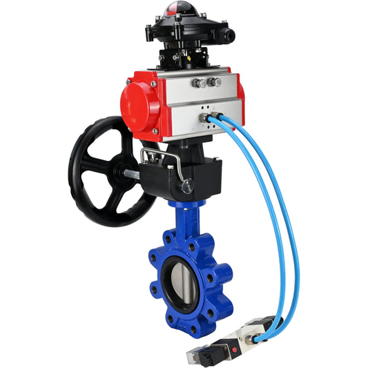Válvula de mariposa de agua DNOVA WBV1631E-2W-Fb-H, material del cuerpo - fundición gris QT450, material del disco - acero inoxidable AISI 304, junta - EPDM, actuador neumático PA-DA doble acción, 4V320-10 220V, LSU APL-210N, volante MON