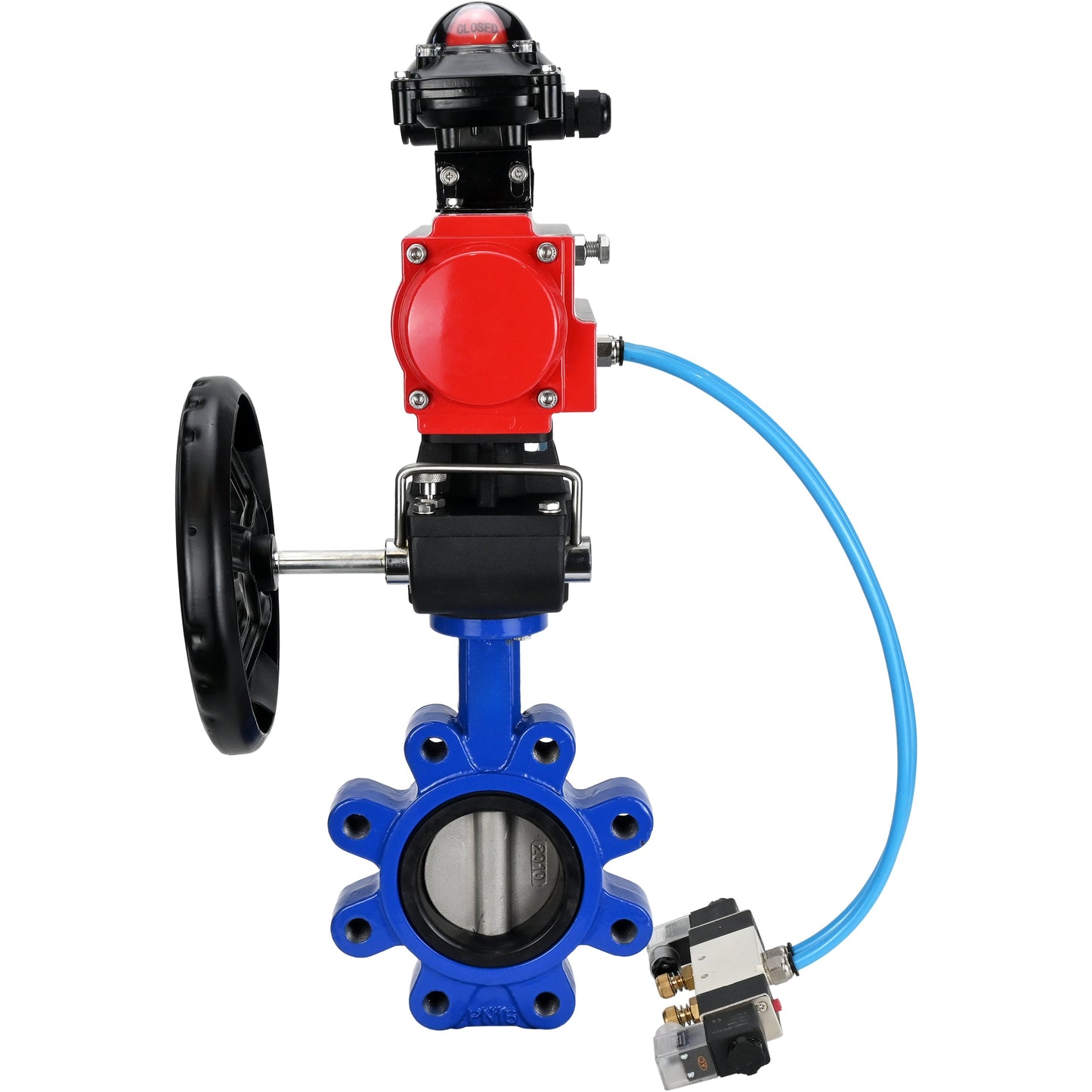 Válvula de mariposa de agua DNOVA WBV1631N-2W-Fb-H, material del cuerpo - fundición gris QT450, material del disco - acero inoxidable AISI 304, sello - NBR, actuador neumático PA-DA doble acción, 4V320-08 220V, LSU APL-210N, volante MON