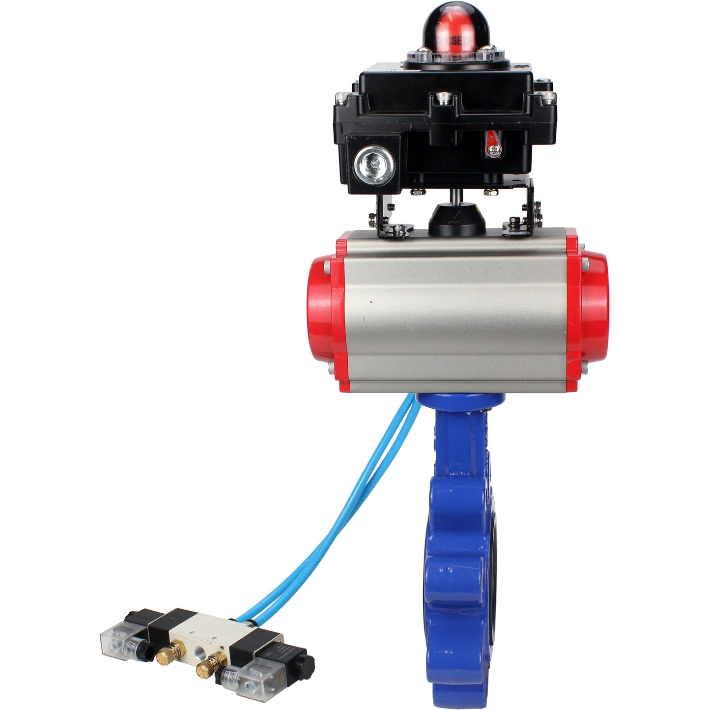 Válvula de mariposa de agua DNOVA WBV1631E-2W-Fb-H, material del cuerpo - fundición gris QT450, material del disco - acero inoxidable AISI 304, junta - EPDM, actuador neumático PA-DA doble acción, 4V320-10 220V, LSU APL-410N EX