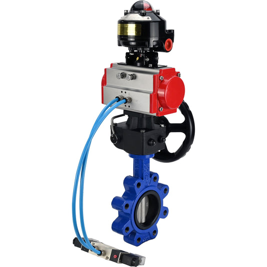 صمام فراشة الماء DNOVA WBV1631E-2W-Fb-H، مادة الهيكل - حديد زهر QT450، مادة القرص - فولاذ مقاوم للصدأ AISI 304، الختم - EPDM، مشغل هوائي PA-DA مزدوج الفعل، 4V320-10 220 فولت، LSU APL-510N EX، عجلة يدوية MON