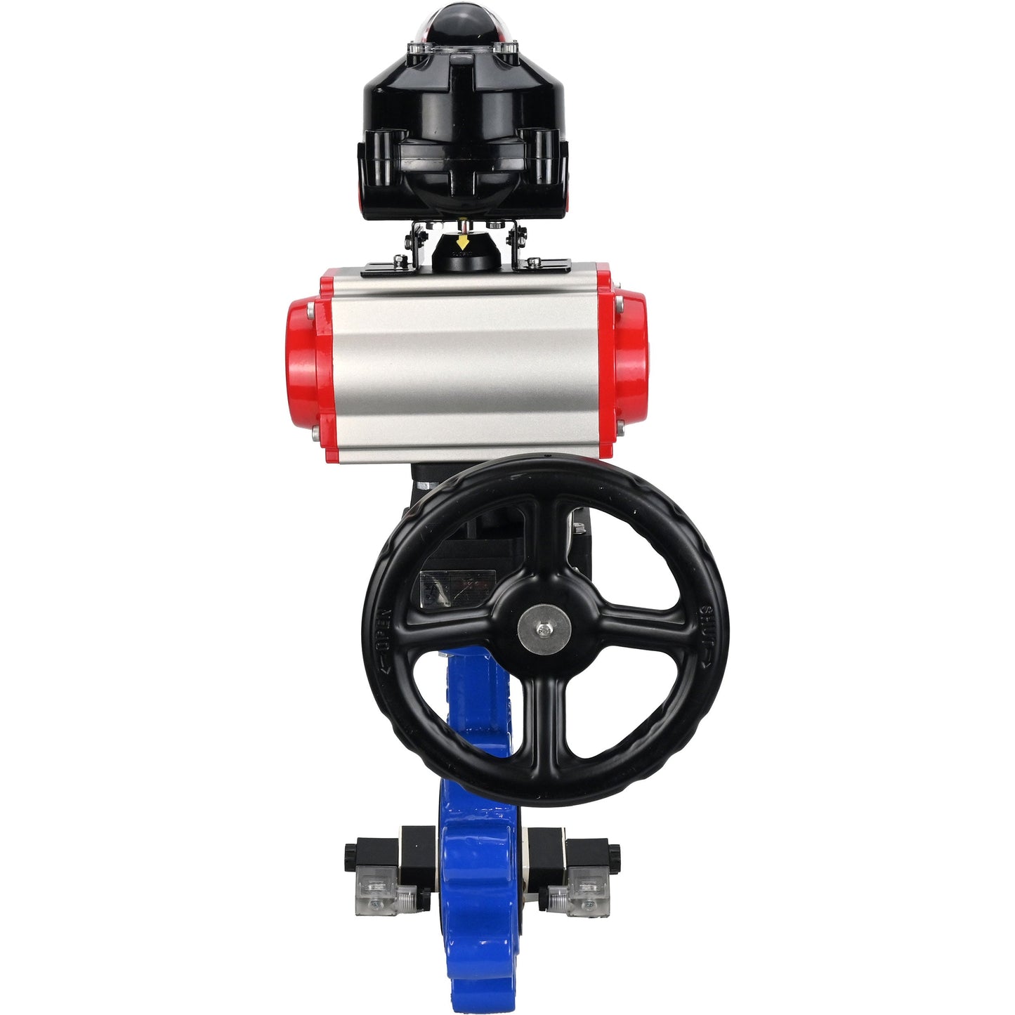 Válvula de mariposa de agua DNOVA WBV1631E-2W-Fb-H, material del cuerpo - fundición gris QT450, material del disco - acero inoxidable AISI 304, junta - EPDM, actuador neumático PA-DA doble acción, 4V320-10 220V, LSU APL-510N EX, volante MON