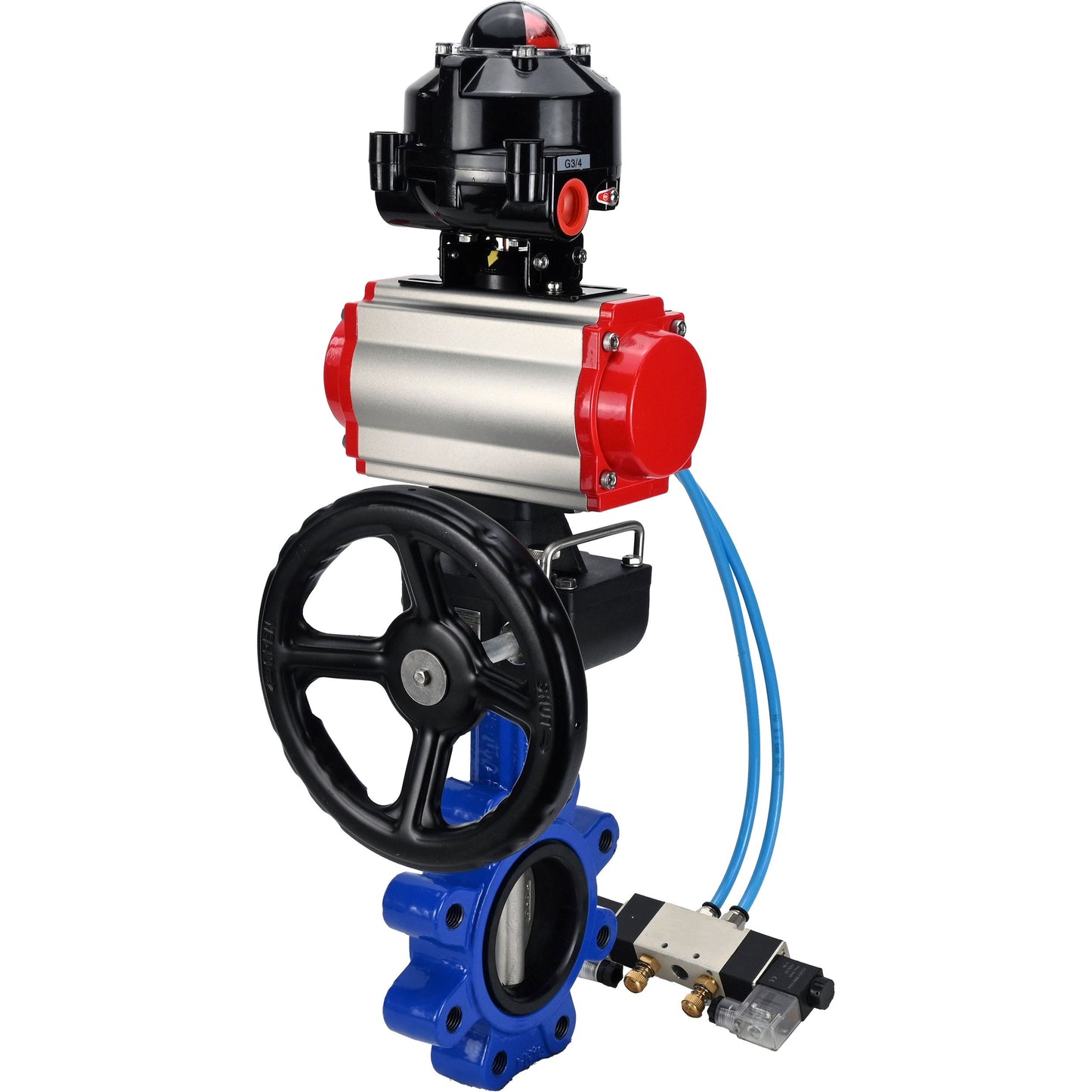 Válvula de mariposa de agua DNOVA WBV1631E-2W-Fb-H, material del cuerpo - fundición gris QT450, material del disco - acero inoxidable AISI 304, junta - EPDM, actuador neumático PA-DA doble acción, 4V320-08 220V, LSU APL-510N EX, volante MON