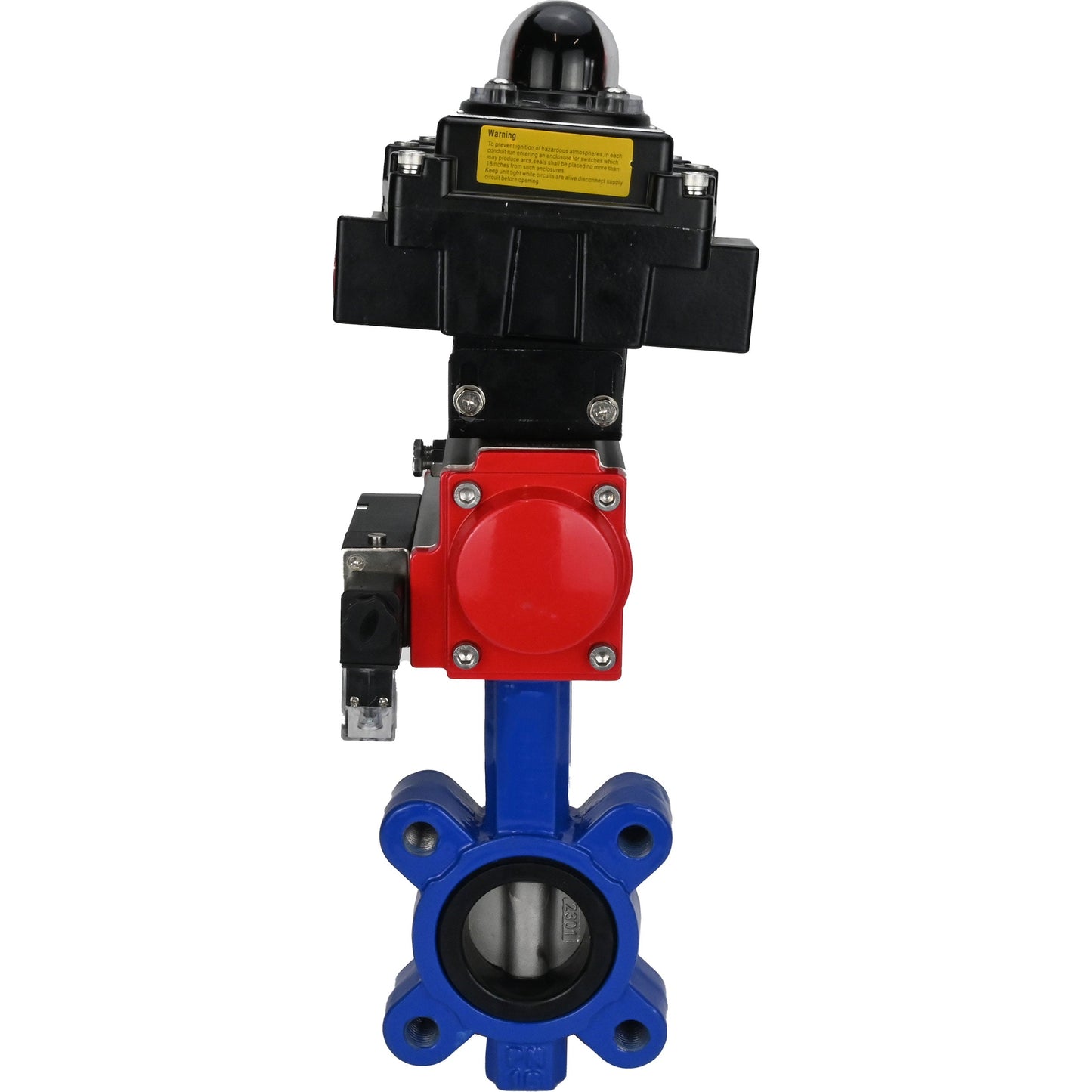 Válvula de mariposa de agua DNOVA WBV1631E-2W-Fb-H, material del cuerpo - fundición QT450, material del disco - acero inoxidable AISI 304, sello - EPDM, actuador neumático PA-DA doble acción, 4M310-08 220V, LSU APL-410N EX