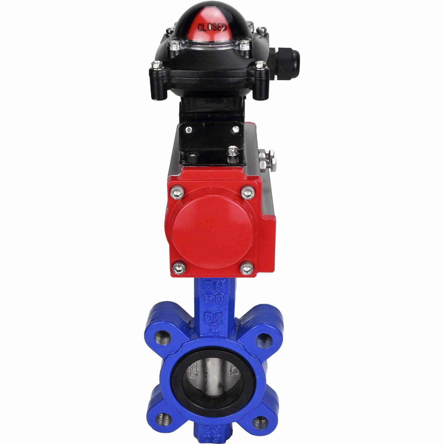 صمام فراشة الماء DNOVA WBV1631E-2W-Fb-H، مادة الهيكل - حديد زهر QT450، مادة القرص - فولاذ مقاوم للصدأ AISI 304، الختم - EPDM، مع مشغل هوائي مزدوج الحركة PA-DA، LSU APL-210N