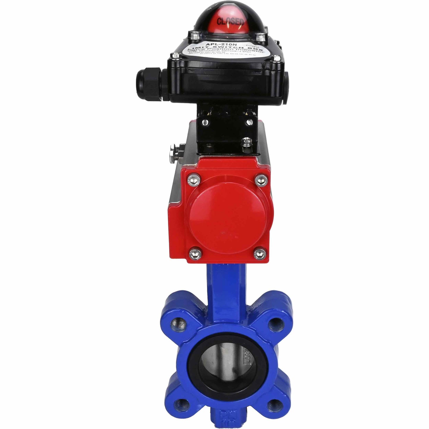 صمام فراشة الماء DNOVA WBV1631E-2W-Fb-H، مادة الهيكل - حديد زهر QT450، مادة القرص - فولاذ مقاوم للصدأ AISI 304، الختم - EPDM، مع مشغل هوائي مزدوج الحركة PA-DA، LSU APL-210N
