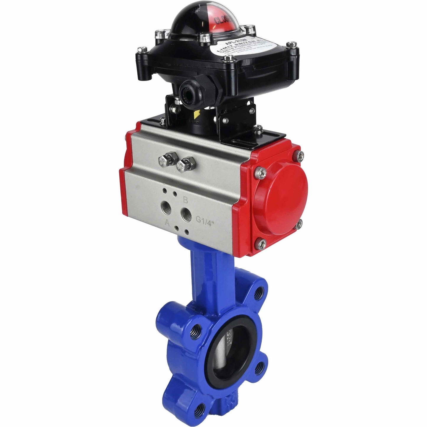صمام فراشة الماء DNOVA WBV1631E-2W-Fb-H، مادة الهيكل - حديد زهر QT450، مادة القرص - فولاذ مقاوم للصدأ AISI 304، الختم - EPDM، مع مشغل هوائي مزدوج الحركة PA-DA، LSU APL-210N