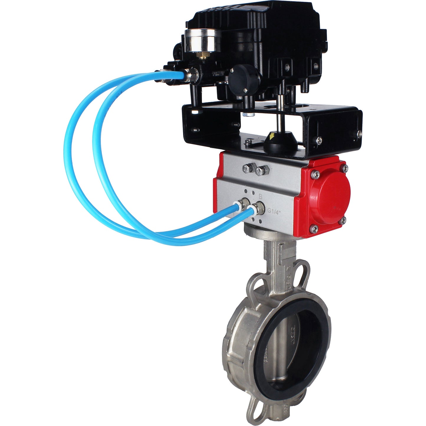 Water Butterfly Valve DNOVA WBV3131N-2W-Fb-H, body material - Stainless steel AISI 304, disk material - Stainless steel AISI 304, seal - NBR, pneumatic actuator PA-SA with return springs, positioner YT-1000RSN with feedback