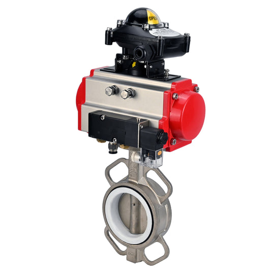 Válvula de mariposa de agua DNOVA WBV3131P-2W-Fb-H, material del cuerpo: acero inoxidable AISI 304, material del disco: acero inoxidable AISI 304, sello: PTFE, actuador neumático PA-DA doble acción, 4M310-08 24V, LSU APL-210N