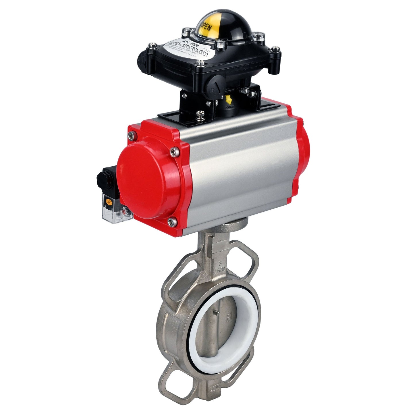 Válvula de mariposa de agua DNOVA WBV3131P-2W-Fb-H, material del cuerpo: acero inoxidable AISI 304, material del disco: acero inoxidable AISI 304, sello: PTFE, actuador neumático PA-SA con resortes de retorno, 4M310-08 220V, LSU APL-210N