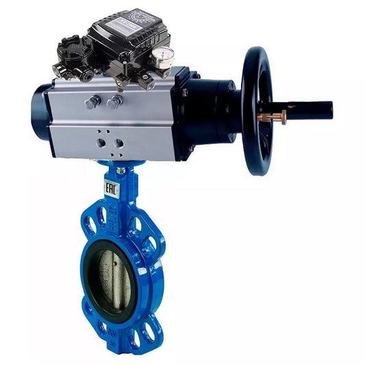 Water Butterfly Valve DNOVA WBV1132N-2W-Fb-H, body material - grey cast iron GG25, disk material - stainless steel AISI 316L, seal - NBR, with pneumatic actuator double action PA-DA-105-1, electropneumatic rotary positioner YT-1000RSN without feedback