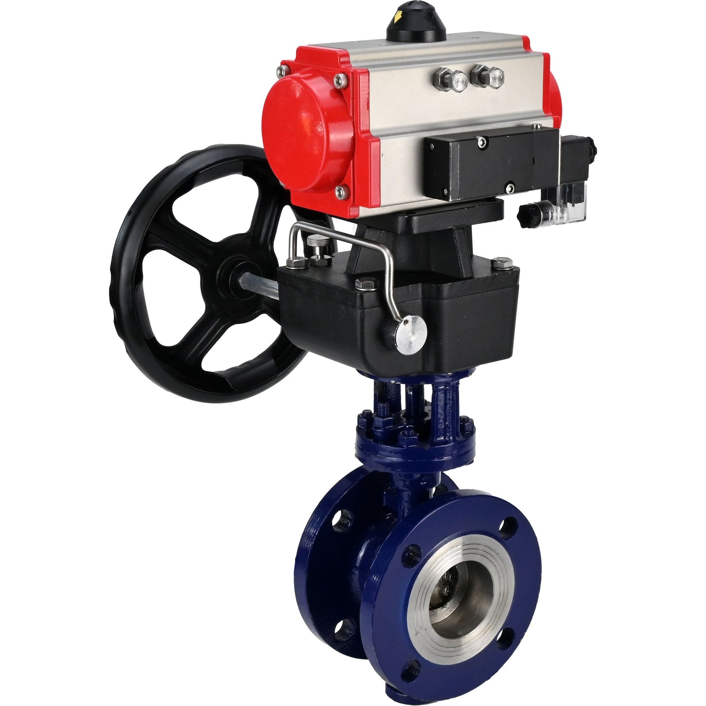 Water Butterfly Valve DNOVA WBV3EX-3432M-1W-F-ISO, body material - Carbon steel, disk material - Stainless steel AISI 316, seal - Metal, pneumatic actuator PA-DA double action, 4M310-08 24V handwheel MON