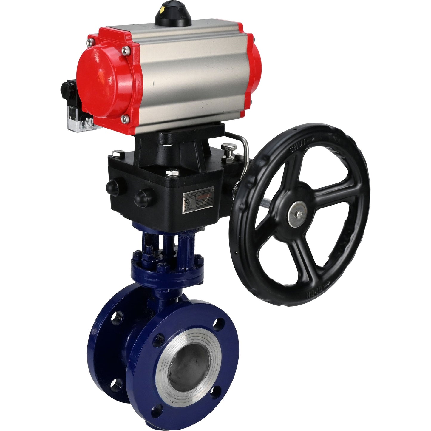 Water Butterfly Valve DNOVA WBV3EX-3432M-1W-F-ISO, body material - Carbon steel, disk material - Stainless steel AISI 316, seal - Metal, pneumatic actuator PA-DA double action, 4M310-08 24V handwheel MON
