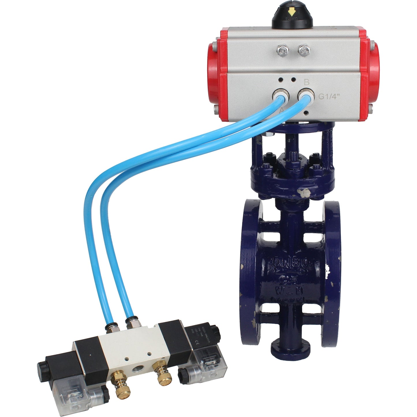 Water Butterfly Valve DNOVA WBV3EX-3432M-1W-F-ISO, body material - Carbon steel, disk material - Stainless steel AISI 316, seal - Metal, pneumatic actuator PA-DA double action, 4V320-08 220V
