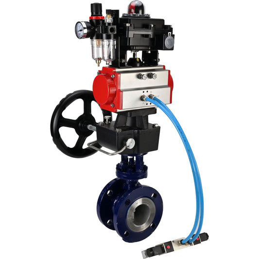 Water Butterfly Valve DNOVA WBV3EX-3432M-1W-F-ISO, body material - Carbon steel, disk material - Stainless steel AISI 316, seal - Metal, pneumatic actuator PA-DA double action, 4V320-10 220V, LSU APL-410N EX, handwheel MON, ATU AFC2000