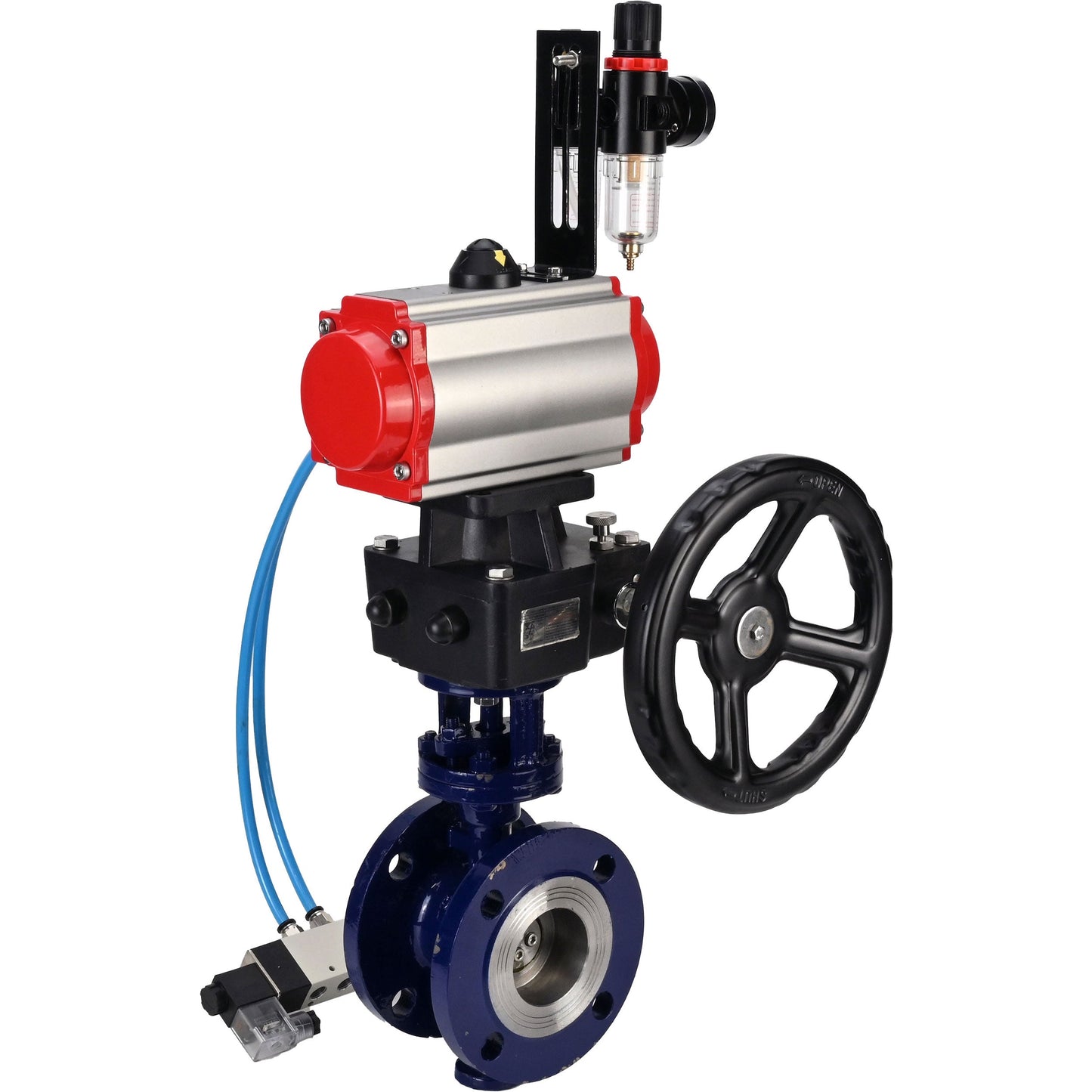 Water Butterfly Valve DNOVA WBV3EX-3432M-1W-F-ISO, body material - Carbon steel, disk material - Stainless steel AISI 316, seal - Metal, pneumatic actuator PA-DA double action, 4V320-08 220V handwheel MON, ATU AFC2000
