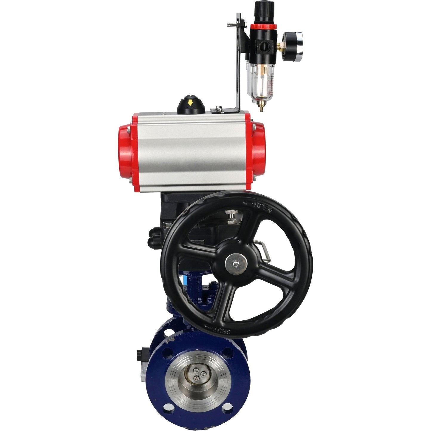 Water Butterfly Valve DNOVA WBV3EX-3432M-1W-F-ISO, body material - Carbon steel, disk material - Stainless steel AISI 316, seal - Metal, pneumatic actuator PA-DA double action, 4V320-08 220V handwheel MON, ATU AFC2000