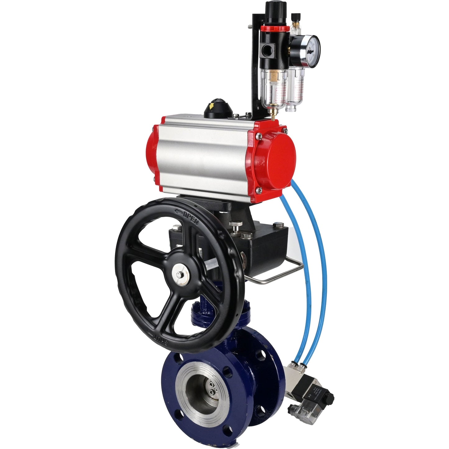 Water Butterfly Valve DNOVA WBV3EX-3432M-1W-F-ISO, body material - Carbon steel, disk material - Stainless steel AISI 316, seal - Metal, pneumatic actuator PA-DA double action, 4V320-08 220V handwheel MON, ATU AFC2000
